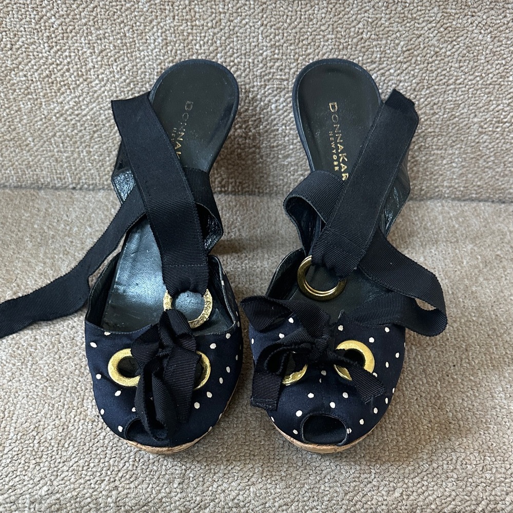 Donna Karan Navy Polka Dot Heels with Cork Wedge